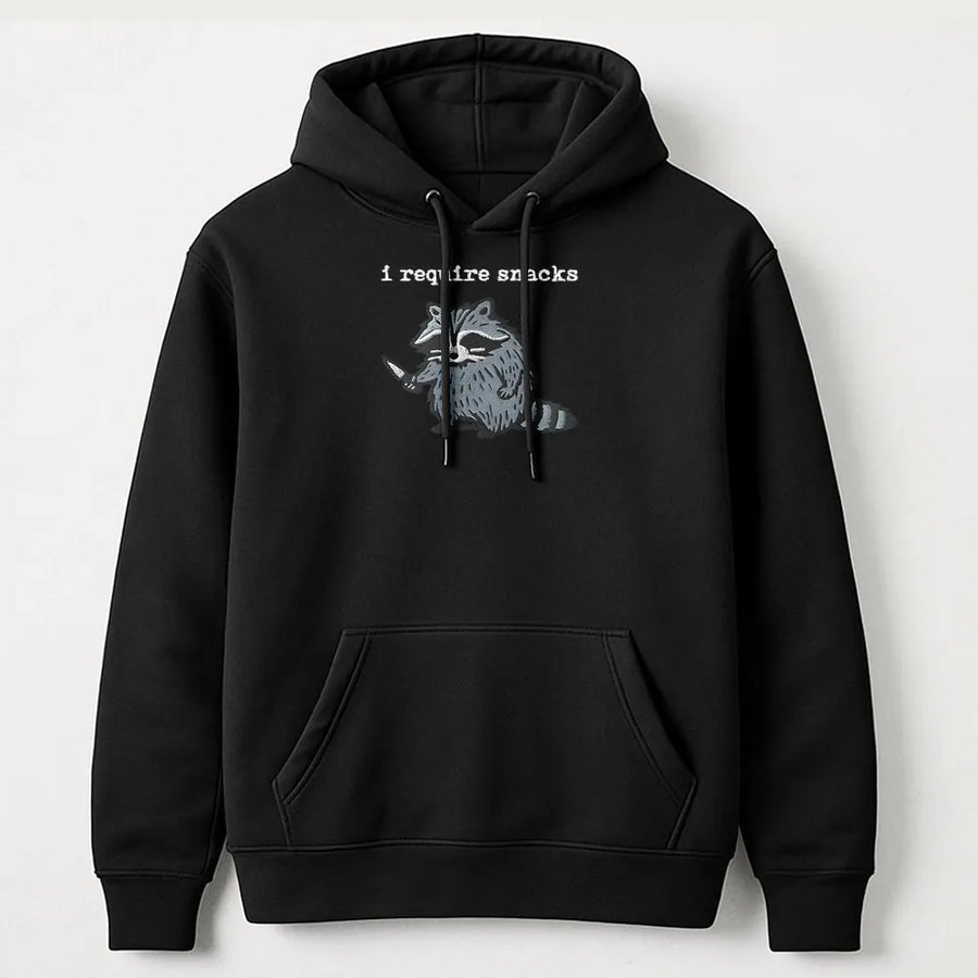 I Require Snacks Raccoon Hoodie | Funny Trash Panda Graphic | Premium Cotton Blend | Gift for Animal Lovers and Snack Enthusiasts