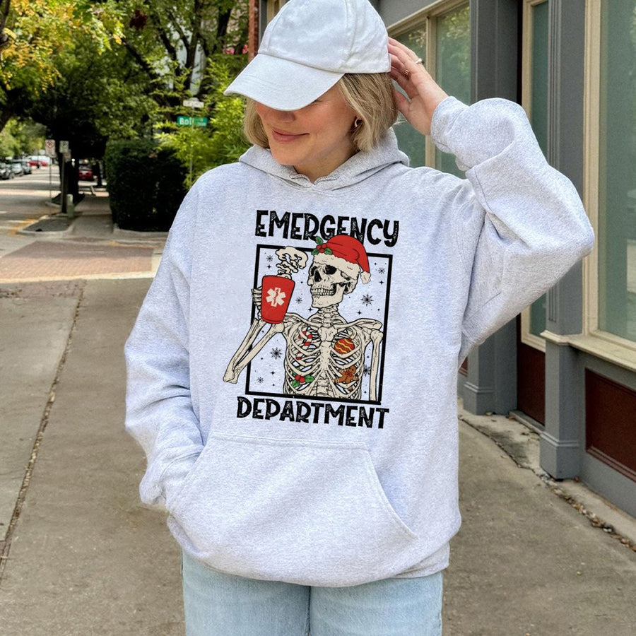 Emergency Department Christmas Hoodie | Skeleton Nurse Graphic | Premium Cotton Blend | Funny ER Nurse Gift for Holiday Season