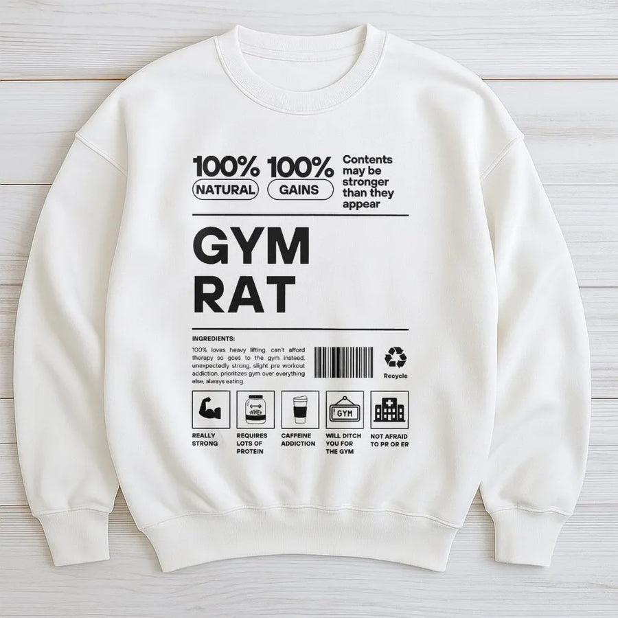 Gym Rat Sweatshirt | Funny Nutrition Facts Workout Design | Premium Cotton Blend | Gift for Bodybuilder or Weightlifter