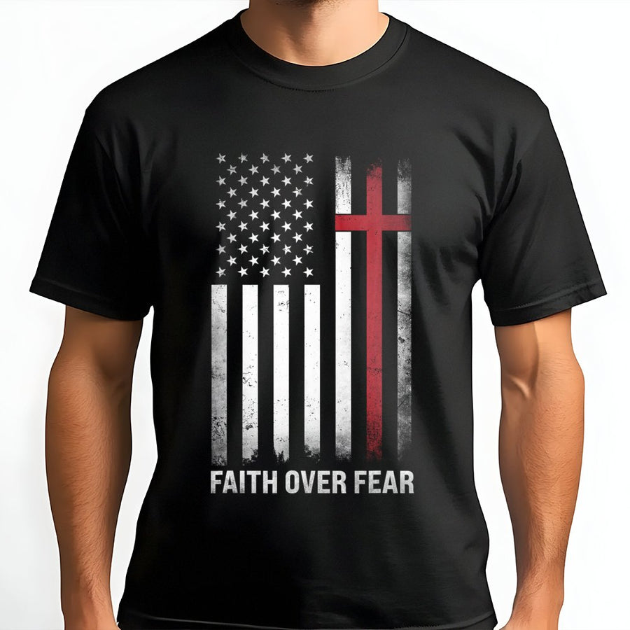 Faith Over Fear T-Shirt | Distressed American Flag Cross Graphic | Premium 100% Cotton | Patriotic Christian Gift for Men and Women