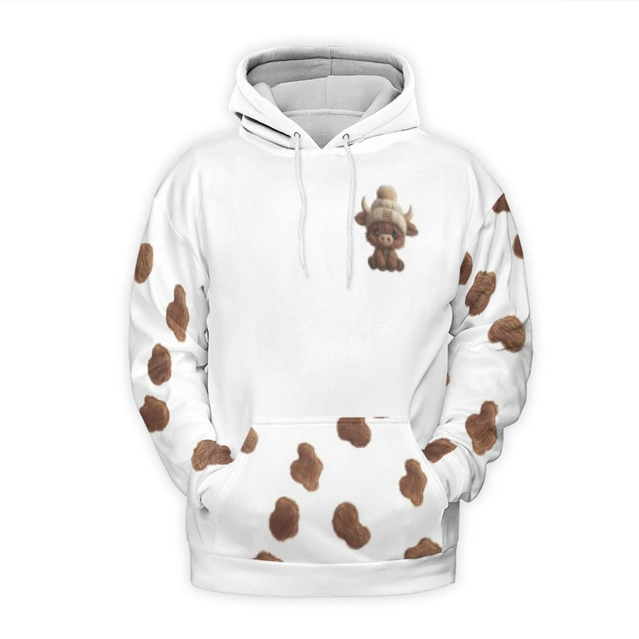 Highland Cow 3D Hoodie | Cute Baby Cow With Beanie Print | Premium Brushed Fleece Pullover | Unisex Farmhouse Style Gift for Animal Lovers