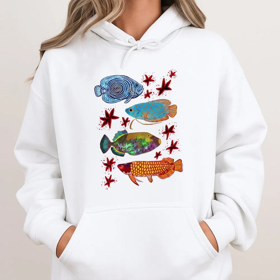 Colorful Fish Graphic Hoodie | Y2K Aquarium Aesthetic Tropical Fish Art | Soft Cotton Hoodie | Trendy Streetwear Gift for Her
