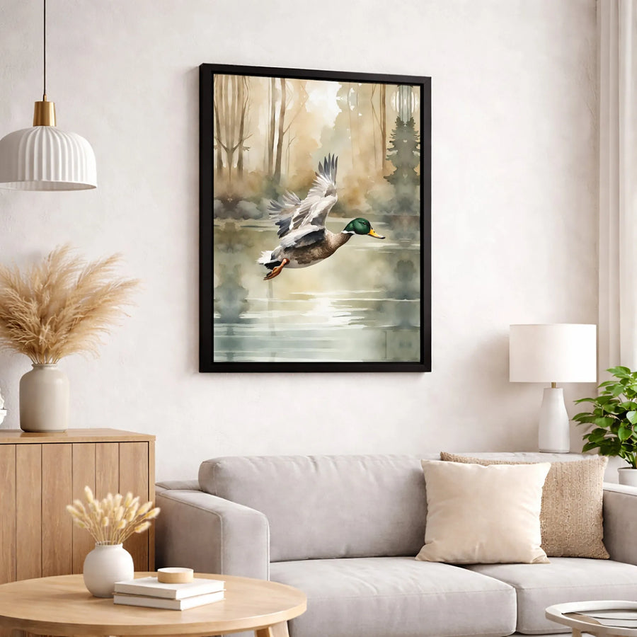Mallard Duck Canvas Wall Art | Watercolor Misty Pond Landscape | Premium Gallery Wrapped Print | Wildlife Nature Gift for Home Decor