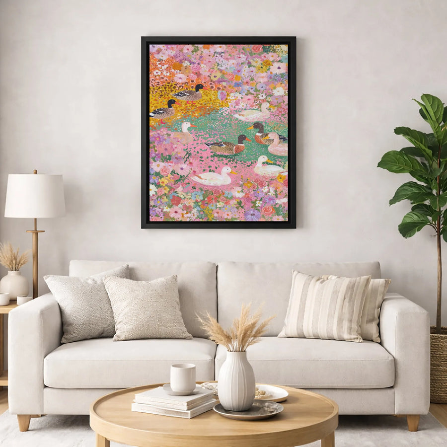 Floral Duck Painting Canvas Print | Whimsical Garden Pond Wall Art | 1.25" Premium Gallery Wrapped | Nature Lover Gift for Home Decor