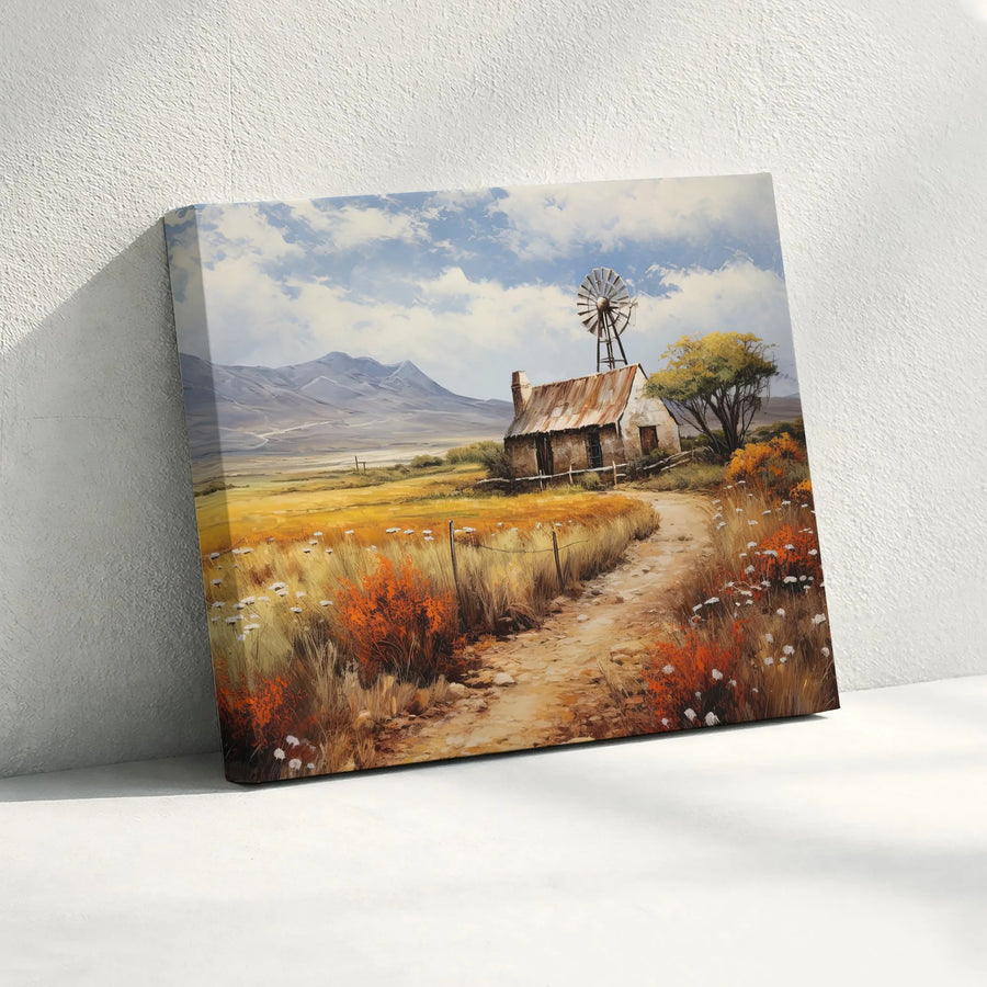 Rustic Farmhouse Canvas Wall Art | Country Landscape Painting with Windmill | Premium Gallery Wrapped Canvas | Farmhouse Living Room Decor Gift