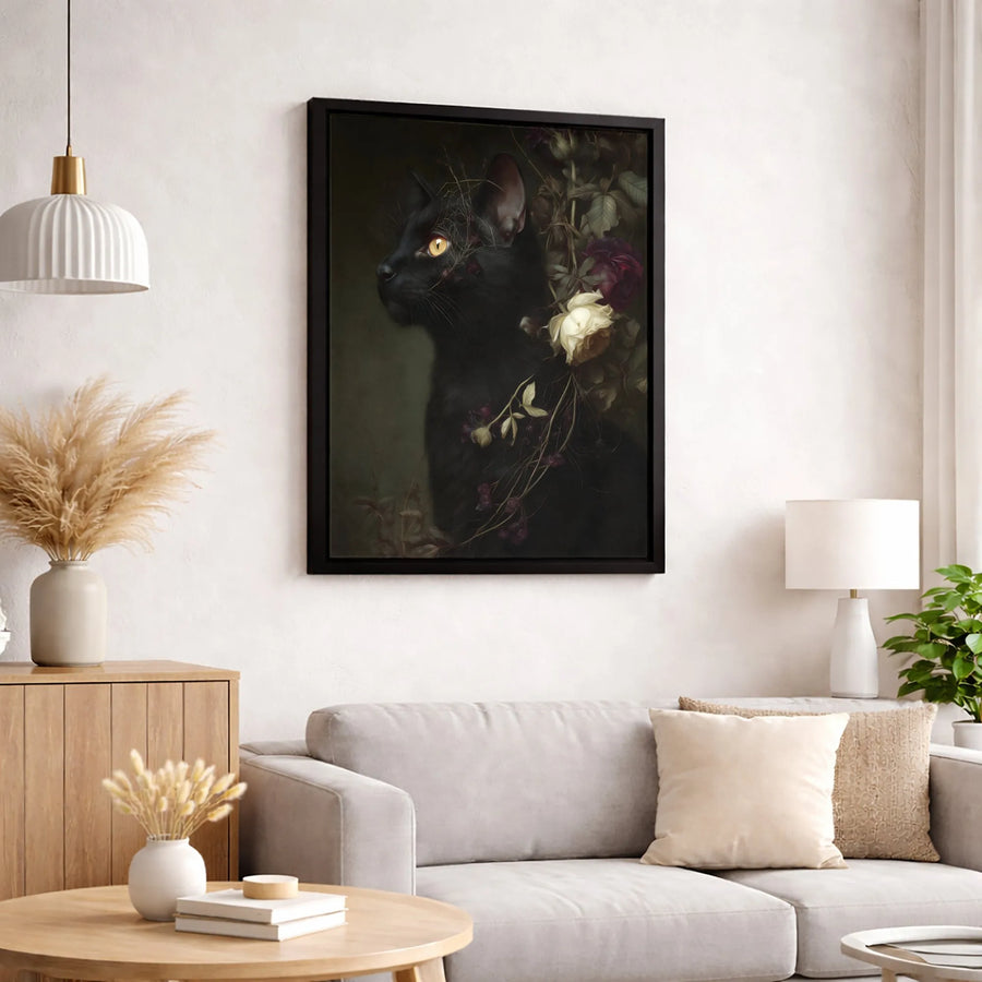 Gothic Black Cat Canvas Art | Moody Floral Spiderweb Portrait | Premium Gallery Wrapped Wall Decor | Dark Academia Witchy Gift for Cat Lovers