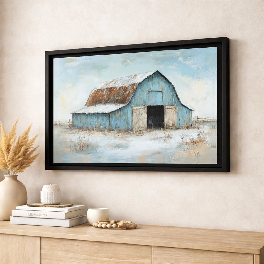 Rustic Blue Barn Wall Art | Snowy Farmhouse Winter Landscape | Premium Gallery Wrapped Canvas | Farmhouse Home Decor Gift