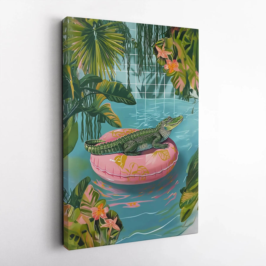 Alligator Wall Art | Tropical Jungle Gator on Pink Pool Float | Premium Canvas Print | Quirky Animal Decor for Living Room or Bathroom