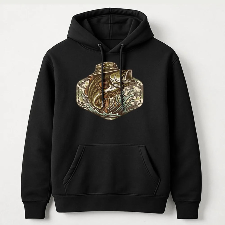 Fishing Hoodie | Bass Fish Wearing Camo Hat Graphic | Premium Cotton Blend | Gift for Anglers & Fisherman Enthusiasts