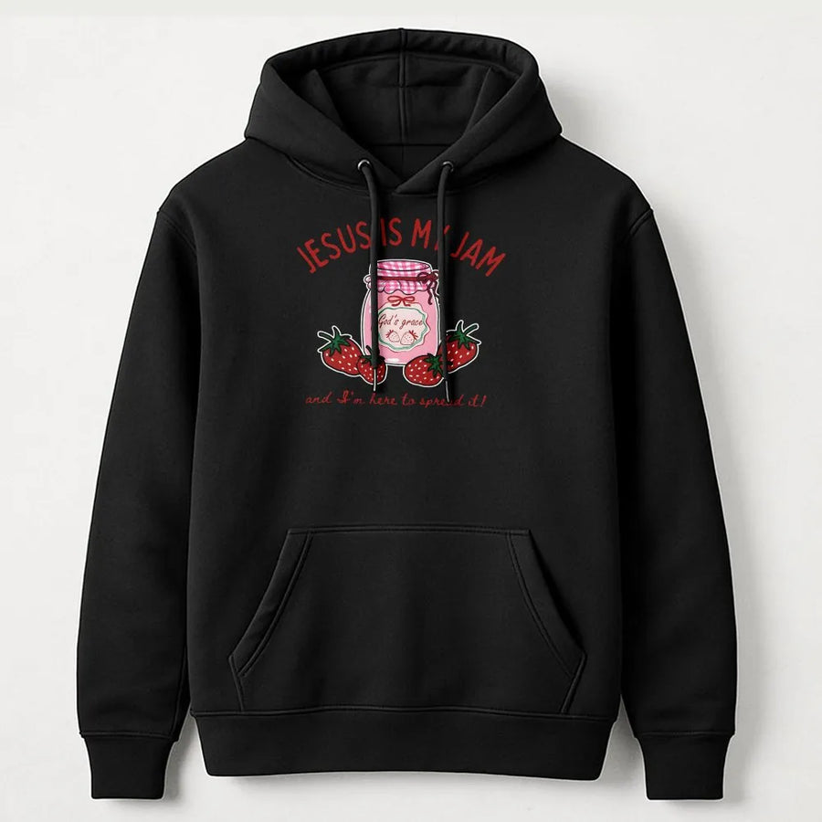 Jesus Is My Jam Hoodie | Cute Strawberry Graphic Christian Sweatshirt | Soft Cotton-Blend Premium Apparel | Faith Based Gift For Her & Him
