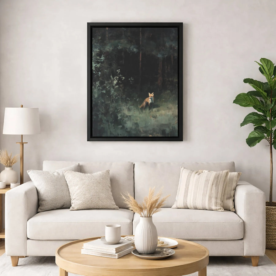 Red Fox Canvas Wall Art | Moody Forest Oil Painting Style | Premium Gallery Wrap | Nature Lover Home Decor Gift