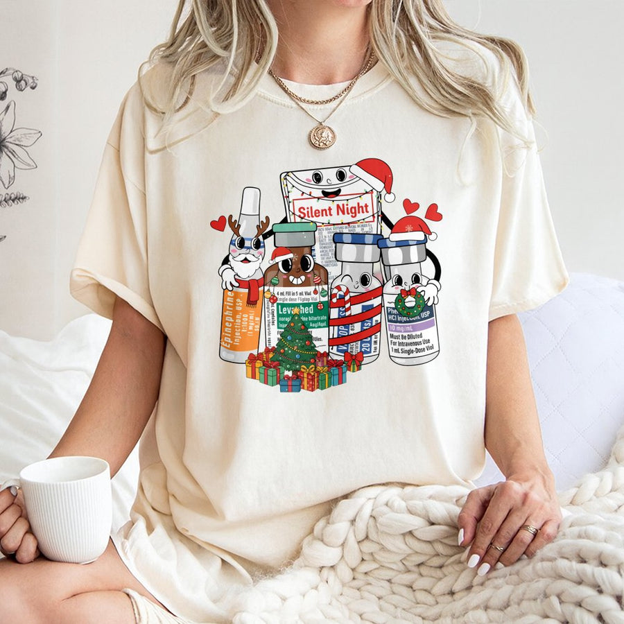 Silent Night Medical Christmas T-Shirt | Festive Medication Vial Graphic | 100% Cotton Premium Tee | Unique Gift for Nurses & Doctors
