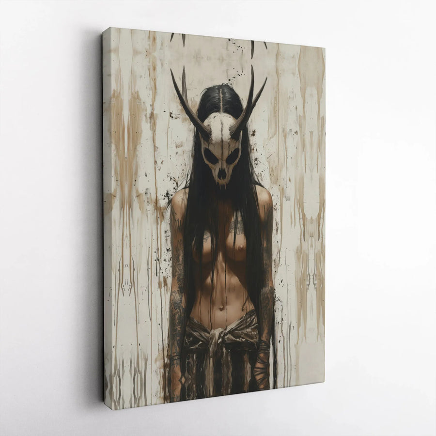 Gothic Skull Mask Canvas Art | Dark Surreal Tattooed Woman Portrait | 1.25-Inch Gallery Wrap Print | Edgy Home & Office Decor Gift