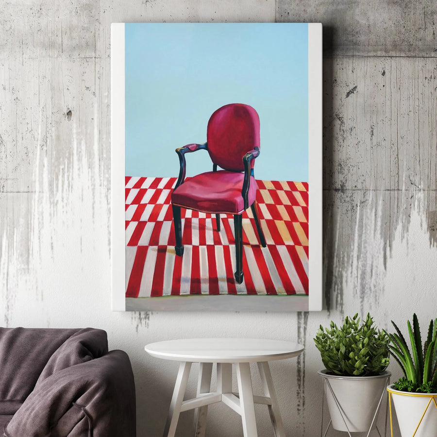Modern Red Chair Vertical Canvas | Surrealist Pop Art Painting with Checkered Floor | Premium High-Resolution Print | Contemporary Wall Art Gift for Living Room
