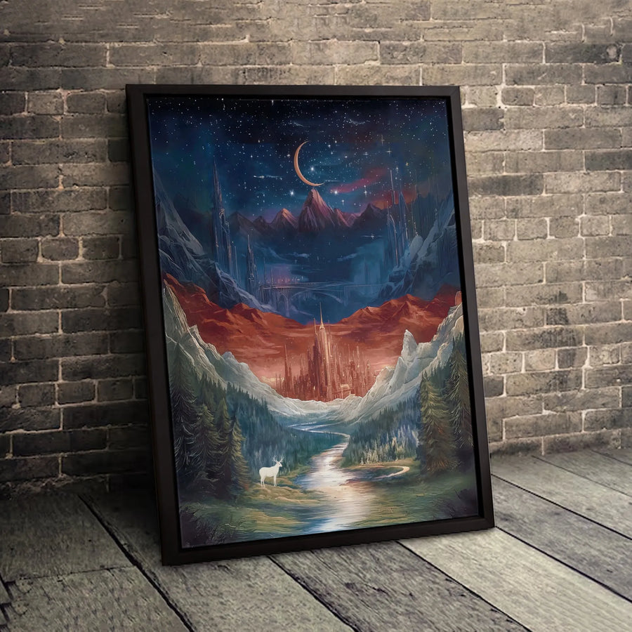 Fantasy Mountain Kingdom Canvas | Ethereal White Stag Art | Gallery Quality 1.25 Inch Profile | Magical Forest Wall Decor for Home