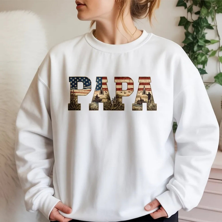 Papa Sweatshirt | American Flag Duck Hunting Graphic | Premium 100% Cotton Tee | Father's Day Gift for Hunter Dad