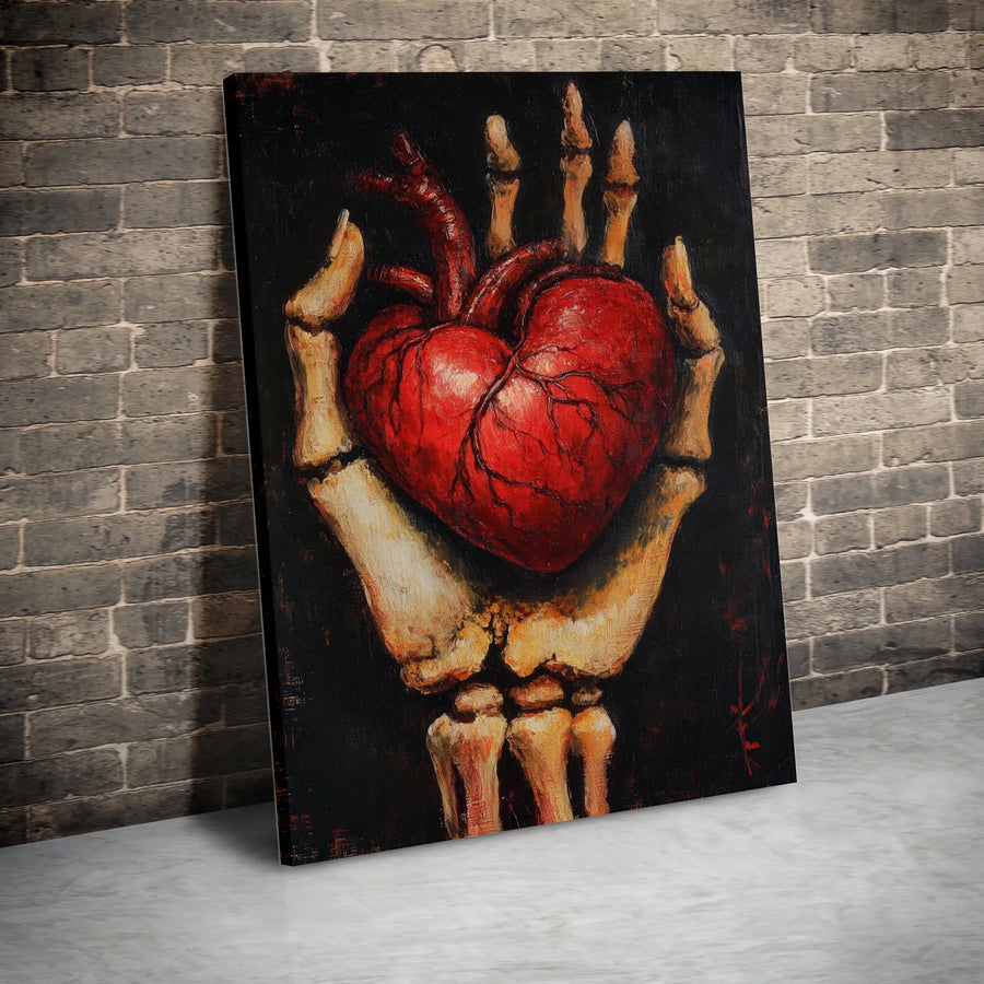Skeleton Hand Holding Heart Canvas Print | Anatomical Gothic Wall Art | Premium Gallery Wrapped Decor | Dark Academia Gift for Home Office