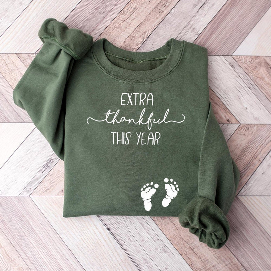 Extra Thankful This Year Sweatshirt | Pregnancy Announcement Thanksgiving Graphic Tee | Premium Cotton Blend | Holiday Gift For Mom-To-Be