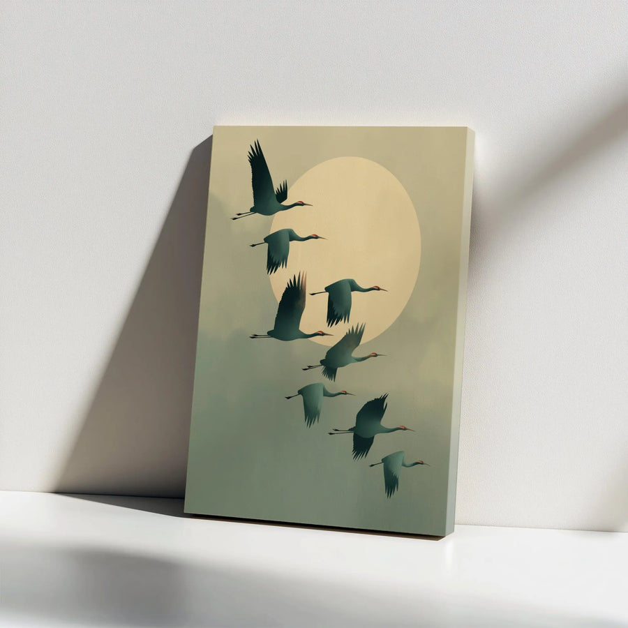 Cranes Flying Toward Sun Canvas Wall Art | Minimalist Bird Flock Illustration | Premium Gallery Wrap Decor | Nature Lover Gift