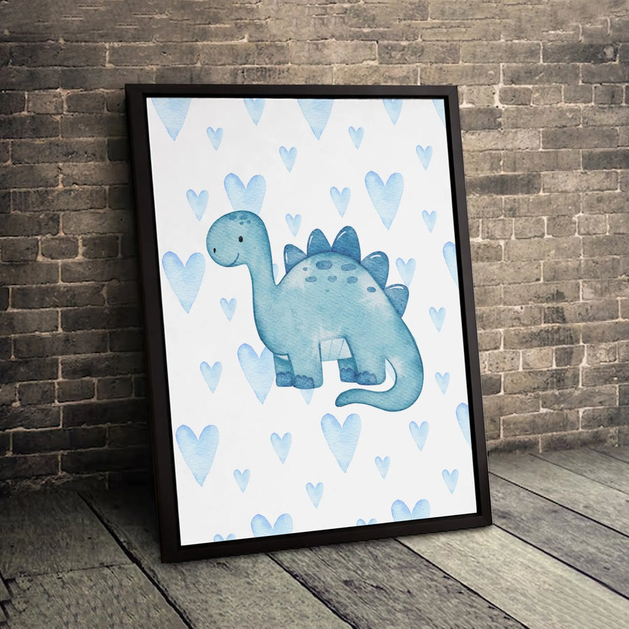 Cute Dinosaur Nursery Canvas Wall Art | Blue Watercolor Hearts Print | Premium 1.25-Inch Gallery Wrap | Baby Boy Room Decor Gift