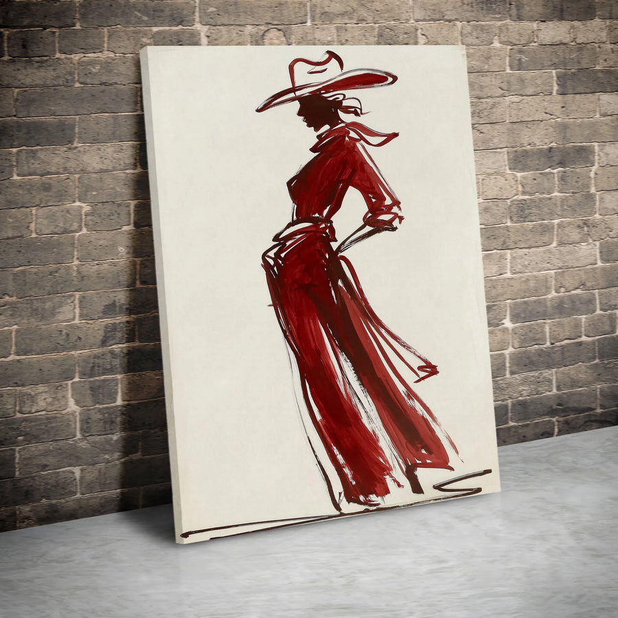 Red Dress Cowgirl Vertical Canvas | Minimalist Fashion Illustration | Premium Thick Gallery Wall Art | Southwestern Home Decor Gift