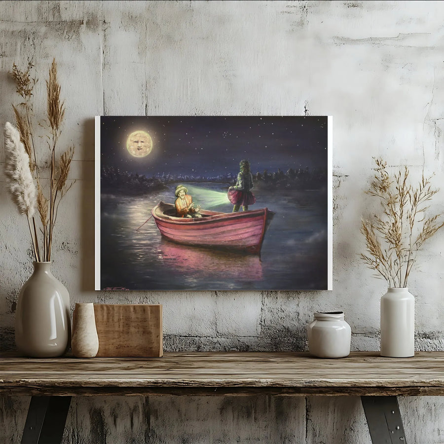 Surreal Night Lake Canvas | Man and Green Creature Rowing Boat | 1.25-Inch Gallery Wrap Print | Unique Fantasy Home Decor Wall Art