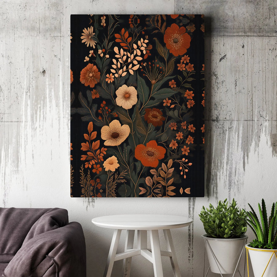Dark Botanical Canvas Art | Moody Floral Wall Decor | Premium Gallery Wrap Print | Elegant Nature Art for Home or Office