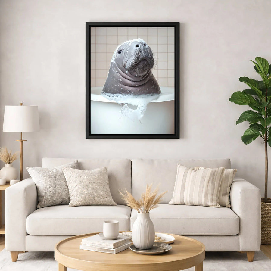 Manatee Bubble Bath Wall Art | Funny Animal Bathroom Decor Print | Premium 1.25" Gallery Wrapped Canvas | Quirky Housewarming Gift for Manatee Lovers