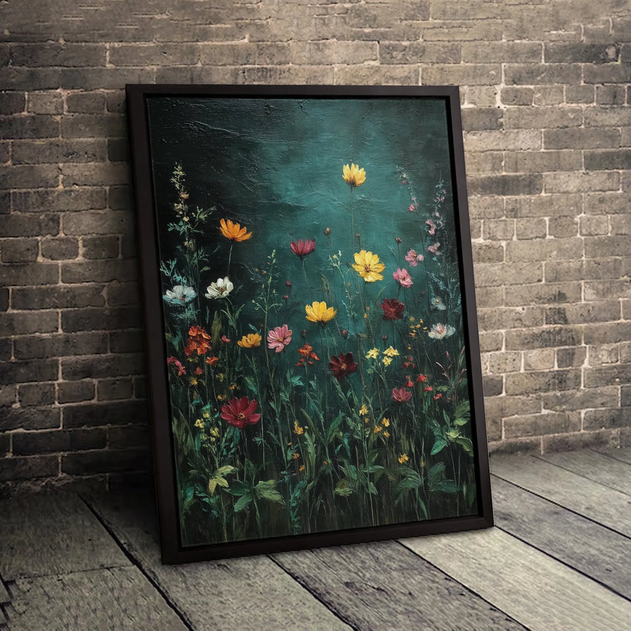 Wildflower Field Canvas Wall Art | Moody Dark Botanical Oil Painting Print | Premium Gallery-Wrapped Decor | Nature-Inspired Home Gift
