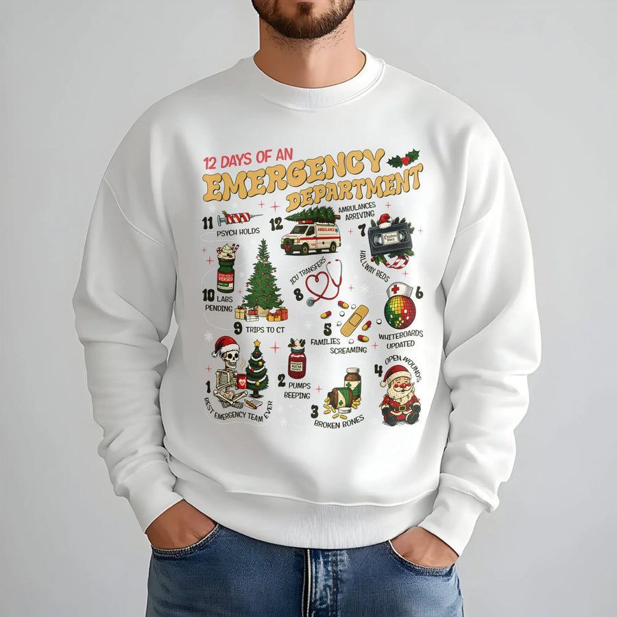 12 Days of Emergency Department Sweatshirt | Funny ER Nurse Christmas Shirt | Premium Cotton Blend Crewneck | Medical Professional Holiday Gift