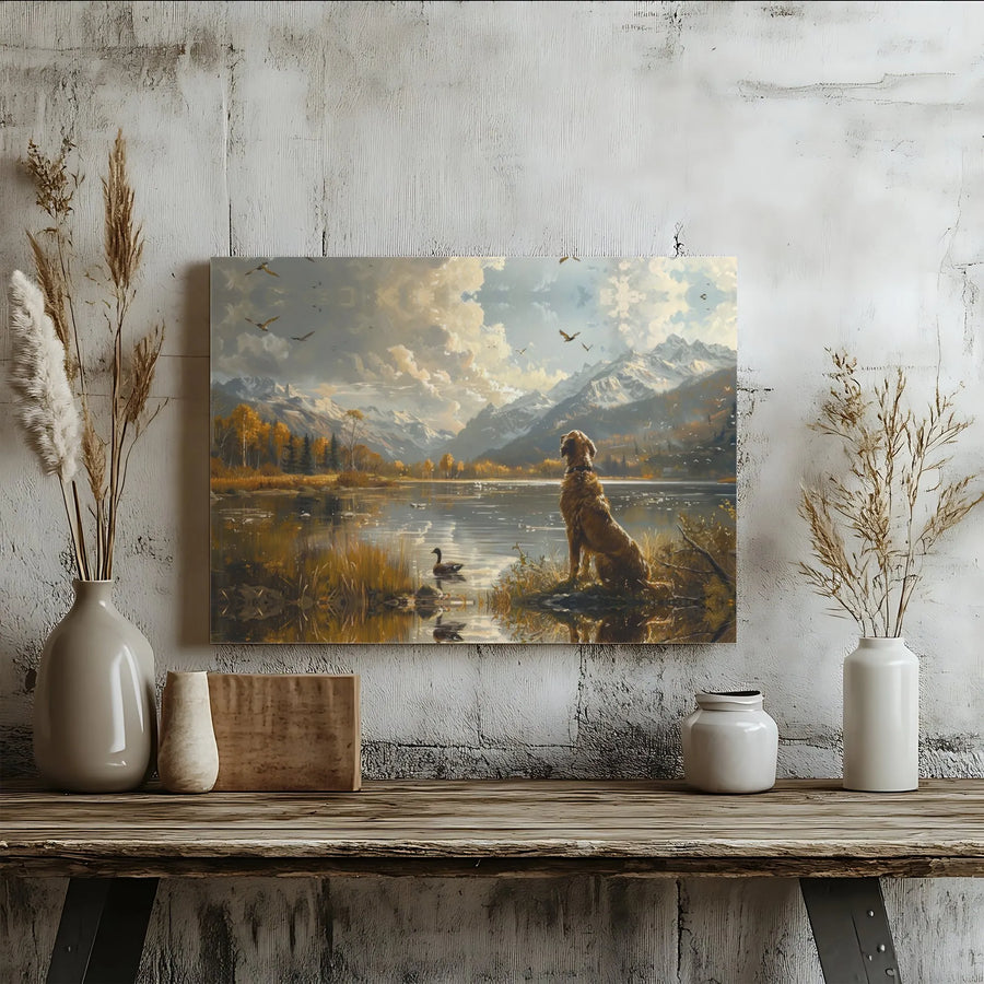Golden Retriever Canvas Wall Art | Mountain Lake Hunting Scene | Premium Gallery Wrap Print | Nature & Dog Lover Home Decor Gift