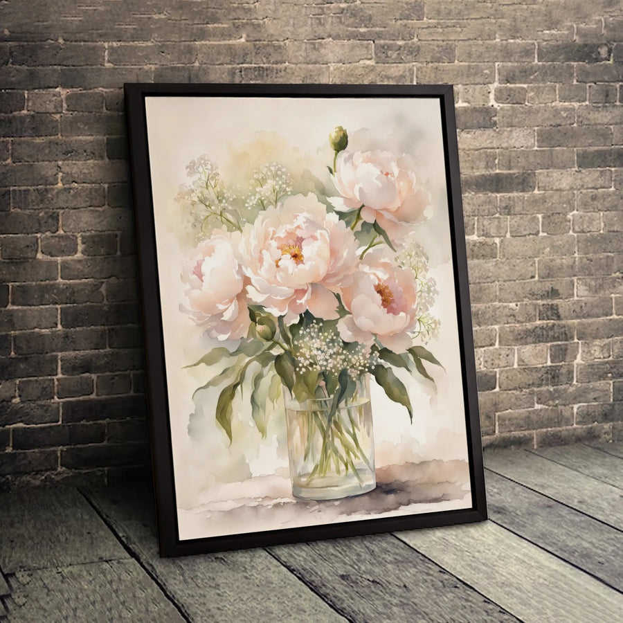 Pink Peony Watercolor Wall Art | Floral Botanical Painting in Vase | Gallery Quality Canvas Print | Elegant Home Decor for Living Room Gift