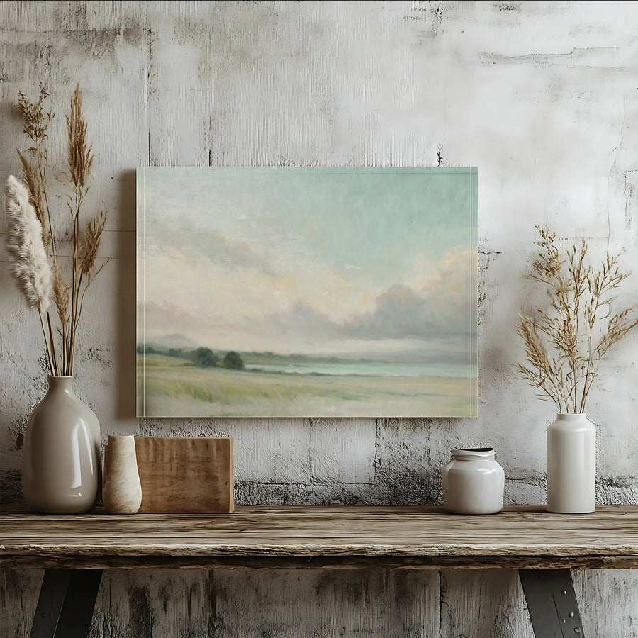 Vintage Landscape Painting Horizontal Canvas | Serene Countryside Meadow Art | Premium 1.25-Inch Frameless Gallery Canvas | Calming Living Room Wall Decor Gift