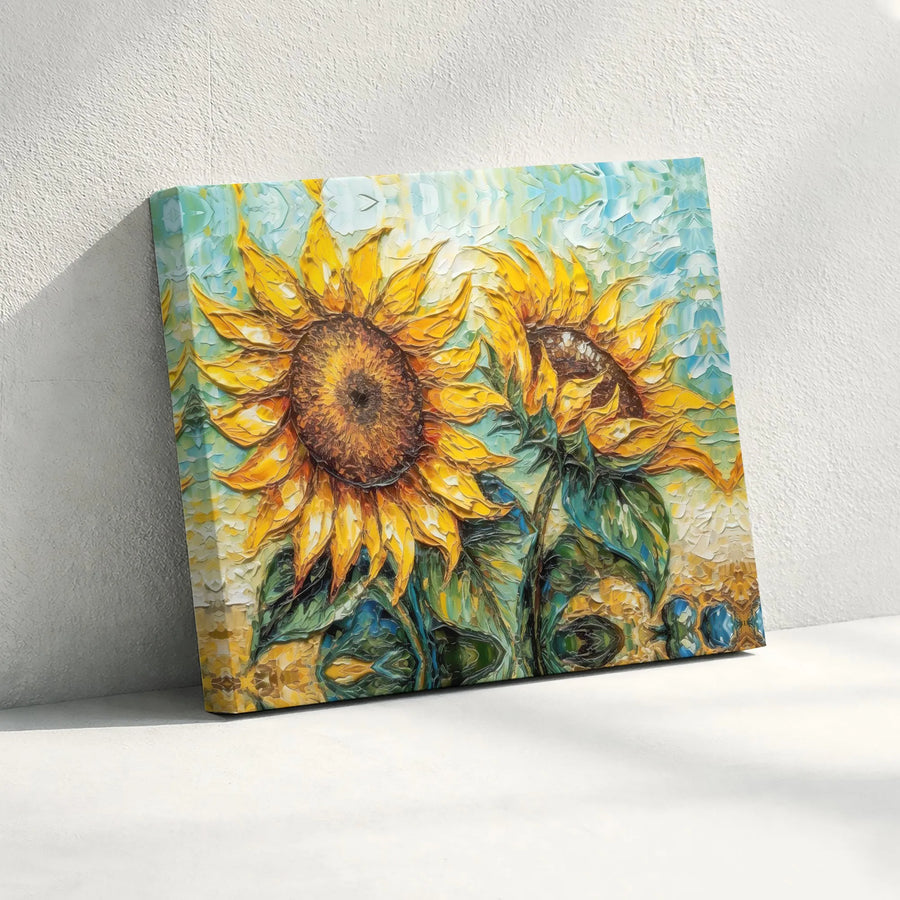 Sunflower Canvas Wall Art | Impasto Textured Oil Painting Style | Premium Gallery Wrap Print | Floral Home Decor Gift for Living Room