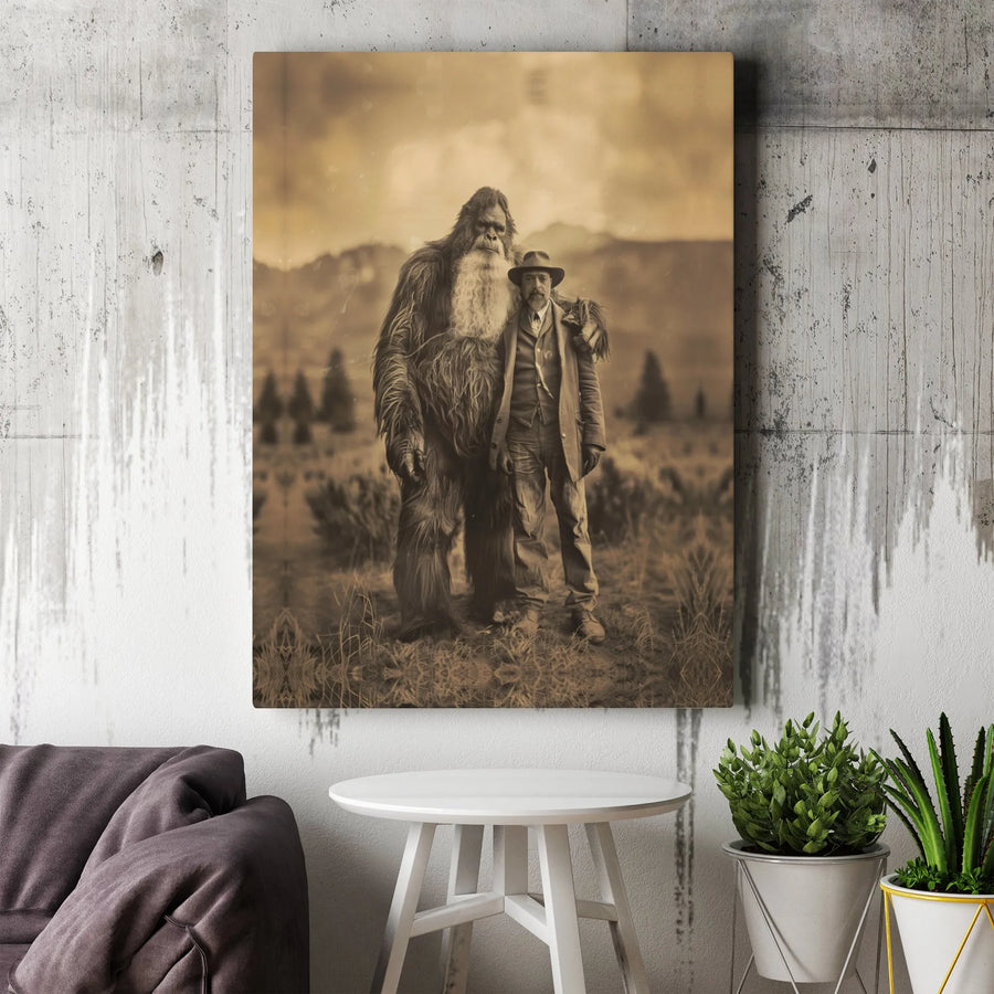 Bigfoot Sepia Wall Art | Vintage Cryptid Man Portrait Print | 1.25-Inch Gallery Quality Canvas | Unique Rustic Home Decor Gift