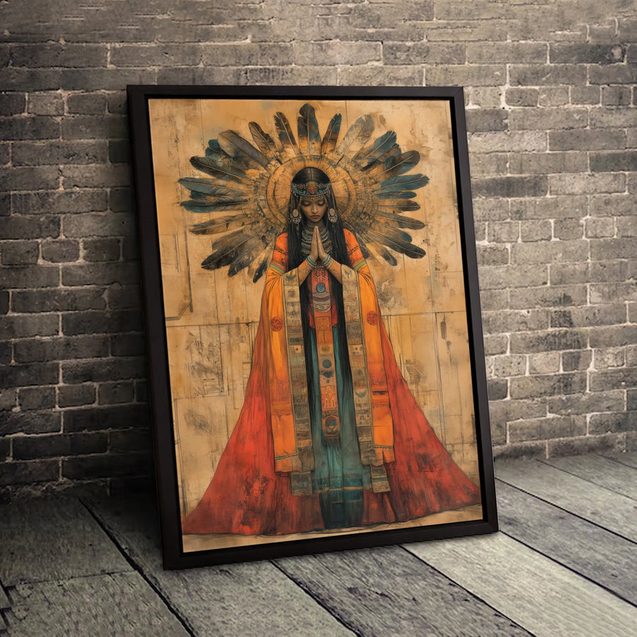 Native American Woman Wall Art | Spiritual Praying Figure With Feather Headdress | Premium Gallery Wrapped Canvas | Boho Home Decor Gift