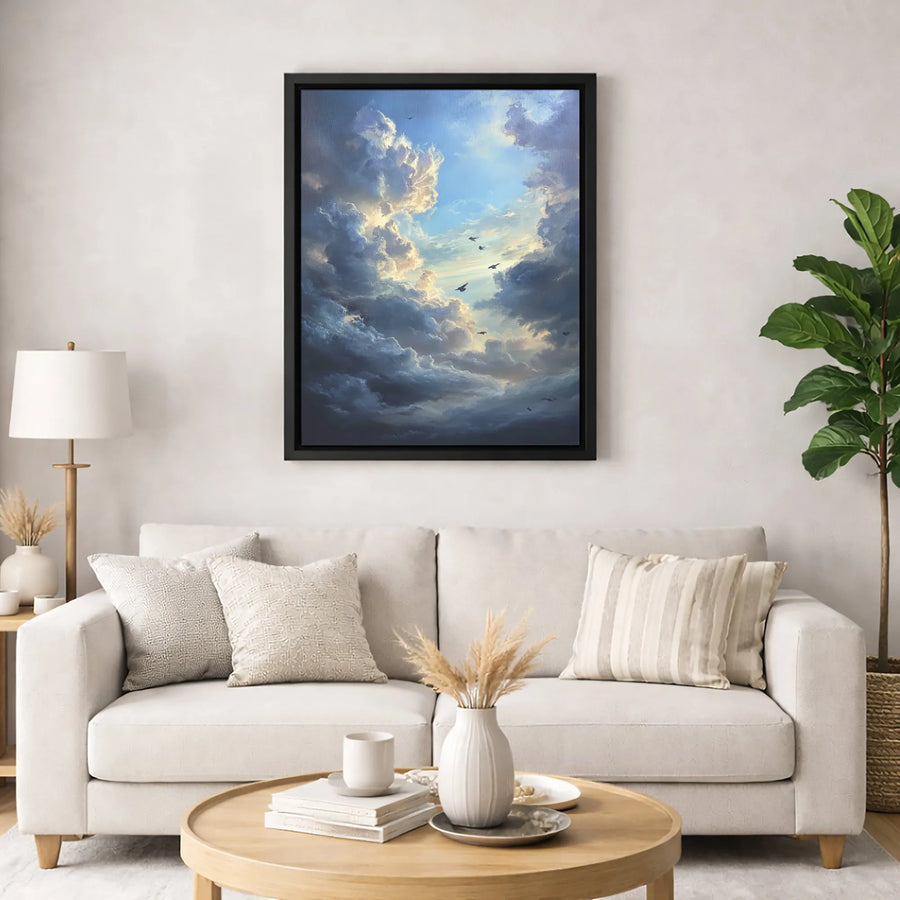 Cloudscape Canvas Wall Art | Dramatic Stormy Sky With Sunrays | Premium Gallery Wrapped Print | Inspirational Home Decor Gift