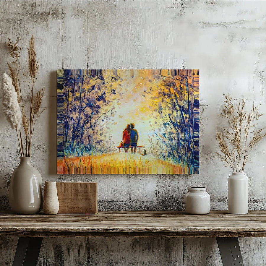 Romantic Couple On A Bench Canvas | Whimsical Fall Forest Love Painting | Premium Gallery Wrap Wall Art | Heartfelt Anniversary Gift For Her