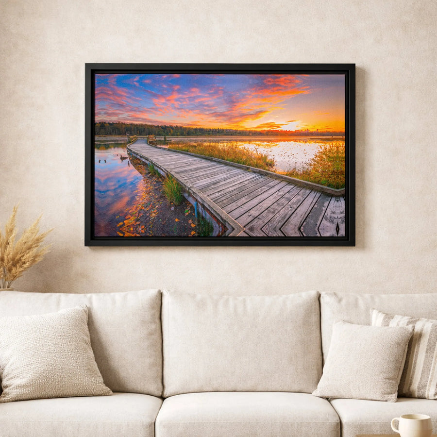 Sunset Lake Canvas Print | Wooden Boardwalk Landscape Art | Premium Gallery Wrapped 1.25" Profile | Serene Nature Wall Decor for Living Room