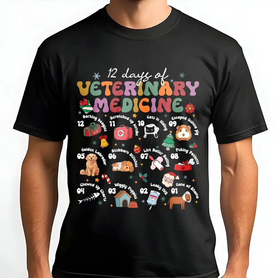 12 Days of Veterinary Medicine T-Shirt | Retro Funny Animal Doctor Graphic | Premium Cotton Vet Tech Apparel | Holiday Gift for Veterinarians