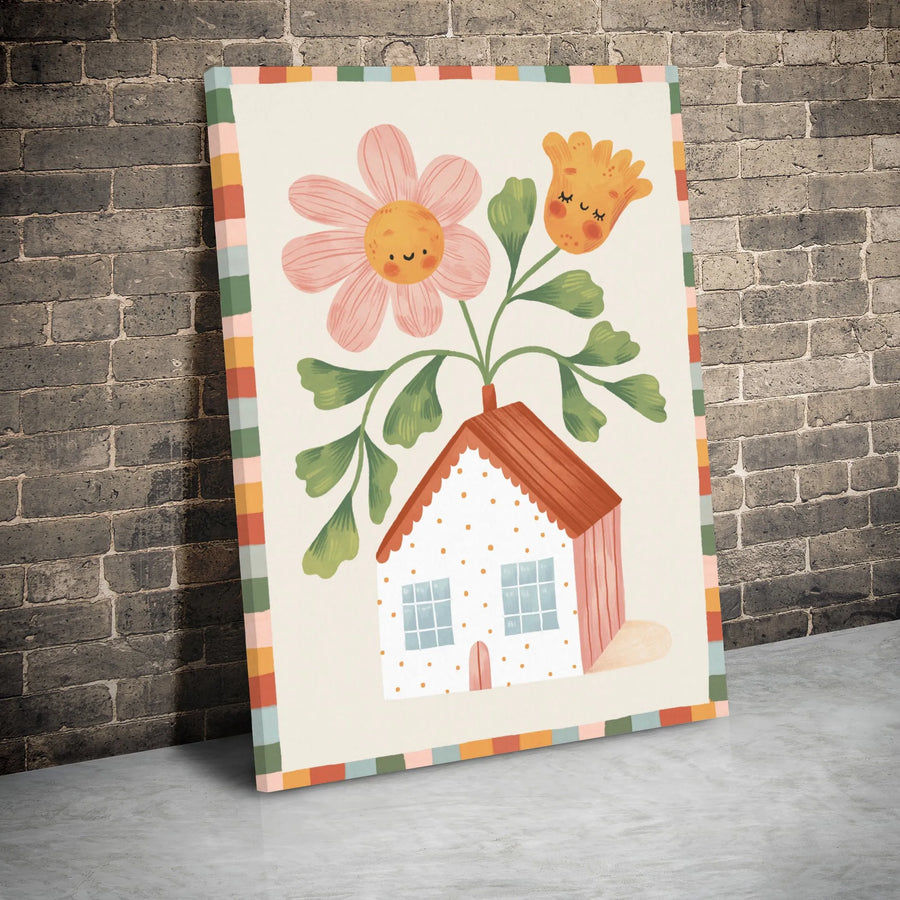 Whimsical House Canvas Print | Smiling Floral Folk Art Illustration | Premium Gallery Wrap Wall Decor | Cute Aesthetic Nursery Room Art Gift
