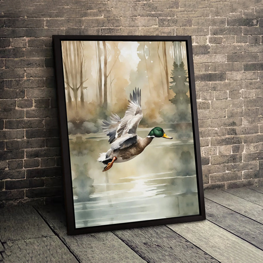 Mallard Duck Canvas Wall Art | Watercolor Misty Pond Landscape | Premium Gallery Wrapped Print | Wildlife Nature Gift for Home Decor