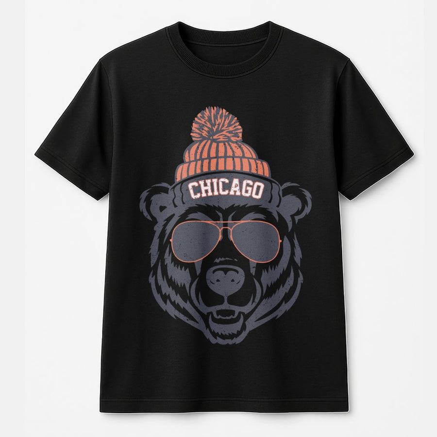 Chicago Bear Wearing Sunglasses And A Beanie T-Shirt