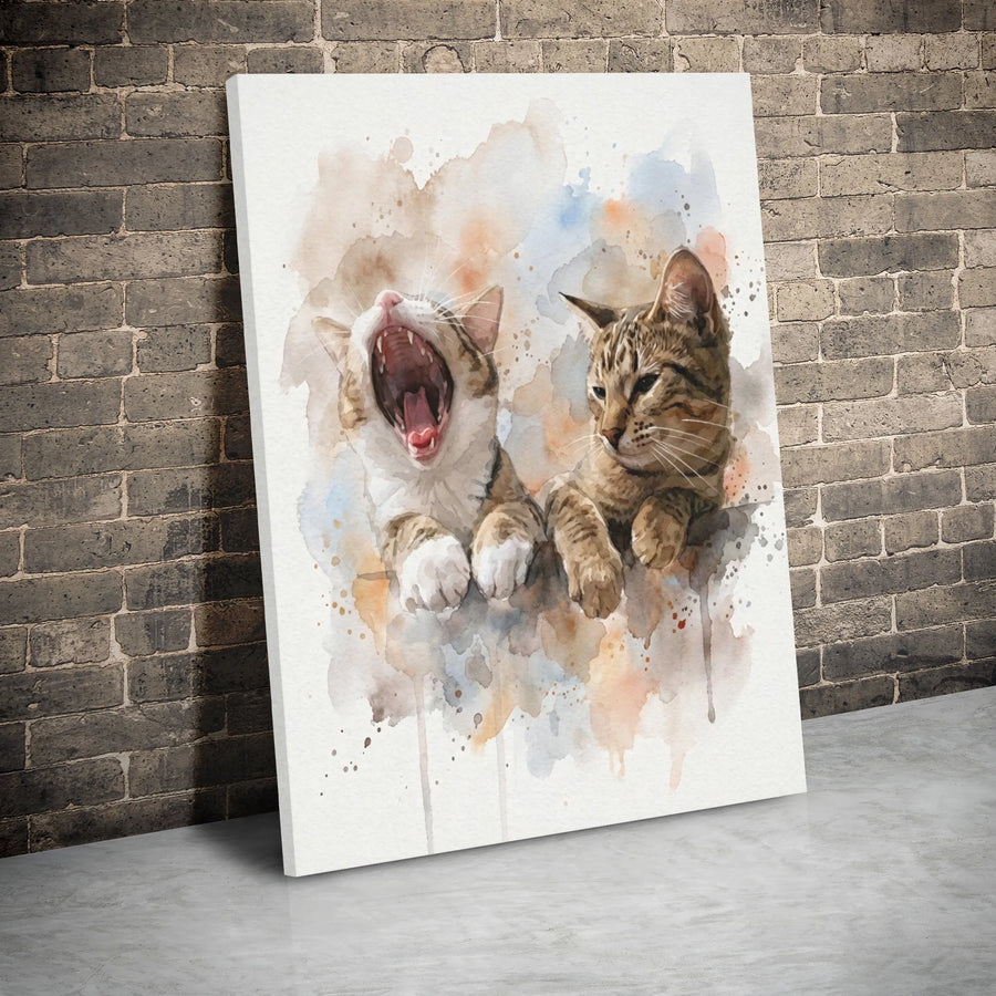 Two Tabby Cats Canvas Print | Watercolor Yawning Kittens Wall Art | Gallery-Wrapped Premium Decor | Unique Animal Lover Gift for Home Office