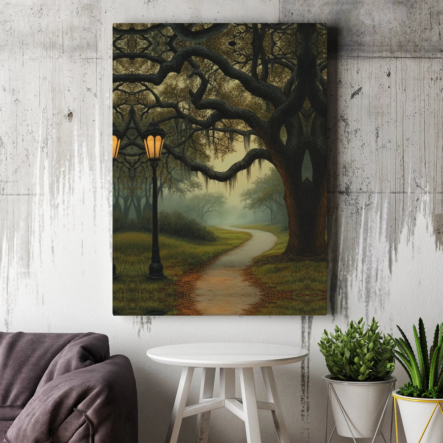 Foggy Forest Path Canvas Wall Art | Mystical Oak Tree & Lamp Light Decor | Premium Gallery Wrapped Canvas | Atmospheric Landscape Gift for Home