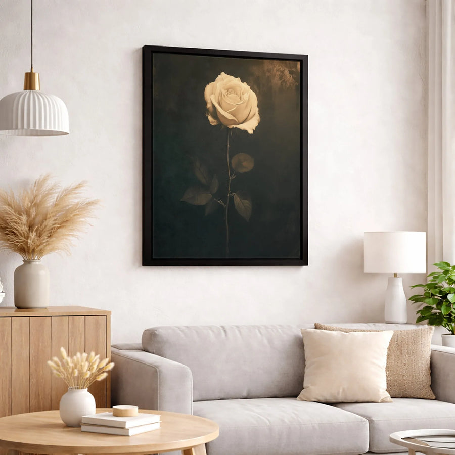 Single White Rose Canvas Wall Art | Moody Floral Botanical Decor | Gallery-Wrapped Premium Print | Elegant Gift for Home or Office