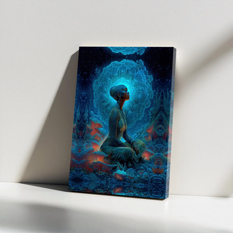 Meditating Black Woman Canvas Art | Bioluminescent Forest Aura Wall Decor | Premium Stretched Gallery Wrap | Spiritual Zen Home Office Gift