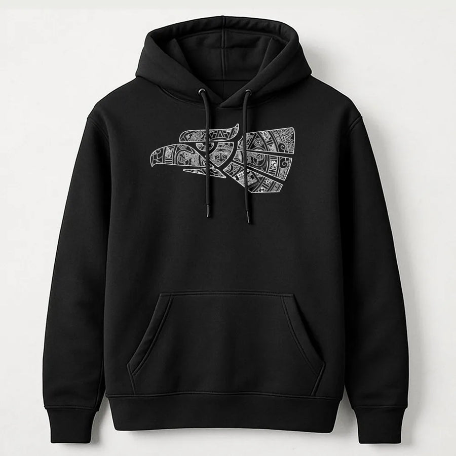 Aztec Eagle Hoodie | Geometric Mayan Calendar Graphic Art | Premium Cotton-Poly Blend Sweatshirt | Unique Cultural Gift for Men and Women