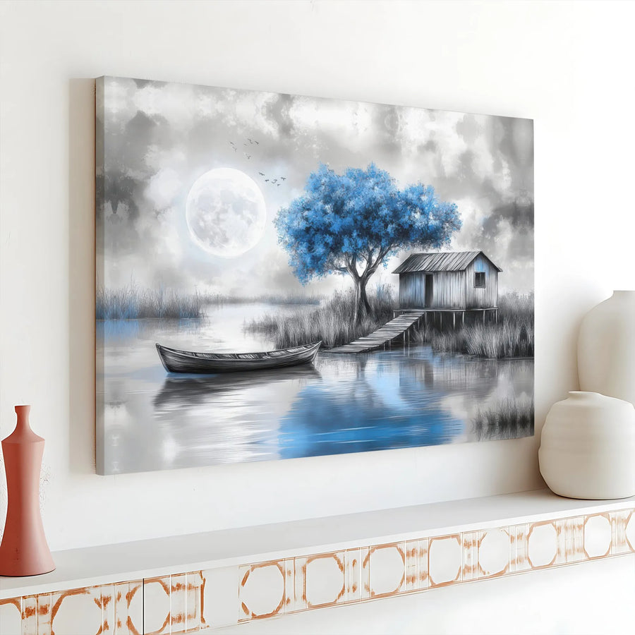 Moonlit Lake Canvas Wall Art | Blue Tree on Grayscale Lake Scene | Gallery Wrapped 1.25" Canvas | Premium Home Decor Gift