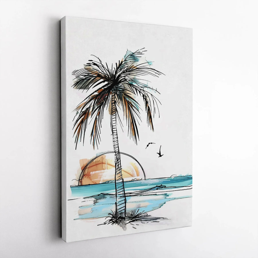 Palm Tree Beach Canvas Art | Watercolor Sunset Sketch Print | 1.25 Inch Premium Gallery Wrap | Modern Coastal Wall Decor For Living Room